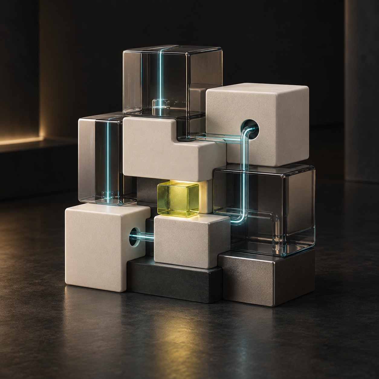 Interlocking glass and ceramic forms connected by fine blue light paths